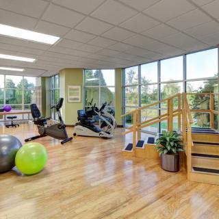 A spacious gym with exercise equipment, including an elliptical machine, exercise balls, and stairs, featuring large windows and wooden floors.
