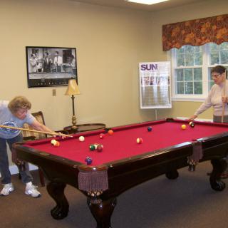 Two people playing billiards in a recreational room.