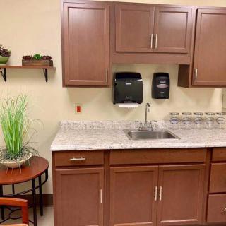 A kitchenette area with wooden cabinets, a sink, and a decorative plant on a small table.