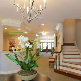 A modern living room with a staircase and chandelier, featuring an orchid plant centerpiece.