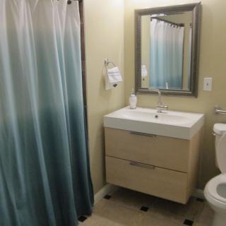 A modern bathroom with a sink, mirror, toilet, and shower curtain.