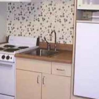 A compact kitchen setup with a stove, sink, and cabinets, featuring floral wallpaper.