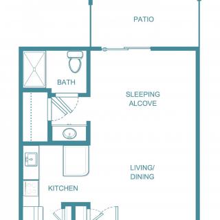 A studio apartment floor plan featuring a living/dining area, kitchen, bathroom, sleeping alcove, and a patio.