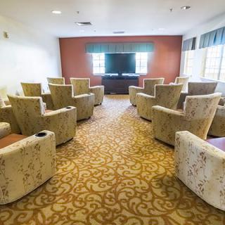 A small screening room with comfortable seating arranged in rows facing a television.