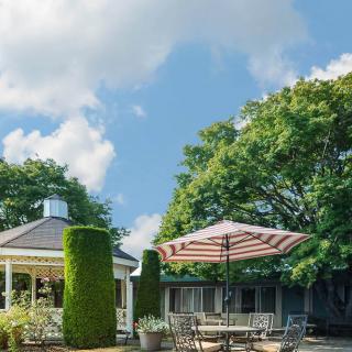 A peaceful outdoor patio area with furniture and a large umbrella, surrounded by lush greenery under a clear blue sky.