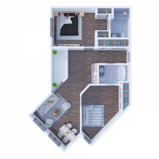 A modern apartment floor plan featuring two bedrooms, a bathroom, an open living and dining area, and a compact kitchen.