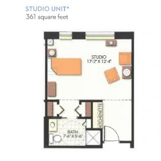 Floor plan of a 361 square foot studio unit.