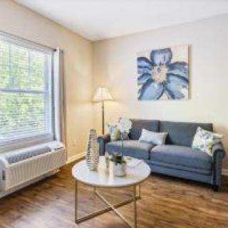 A cozy living room with a blue sofa, decorative pillows, and a coffee table. The walls are adorned with a large floral artwork, and natural light streams through the window.