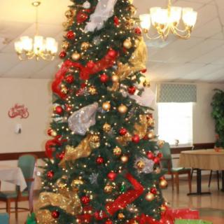 A beautifully decorated Christmas tree adorned with colorful ornaments and ribbons, standing in a cozy indoor setting.