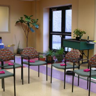 A cozy waiting area featuring chairs neatly arranged, adorned with decorative napkins, and enhanced by indoor plants.