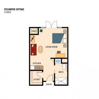 A floor plan of a studio apartment with designated areas for the kitchen, living room, and bathroom.