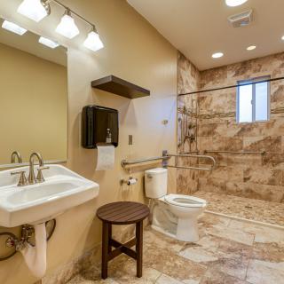A modern, accessible bathroom with tiled walls, featuring a sink, toilet, and walk-in shower with grab bars.