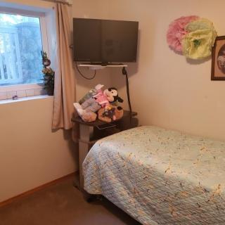 A cozy bedroom with a single bed, a quilt cover, and a small collection of stuffed animals on a shelf under a wall-mounted TV. The room features a window with curtains and decorative items on the walls.
