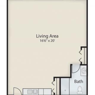 A floor plan featuring a large living area and a bathroom.