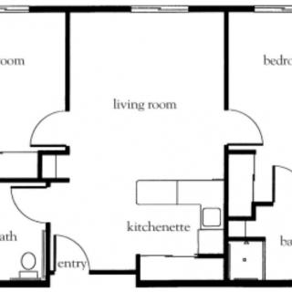 A floor plan showing the layout of a living room, bedroom, kitchenette, and bath.