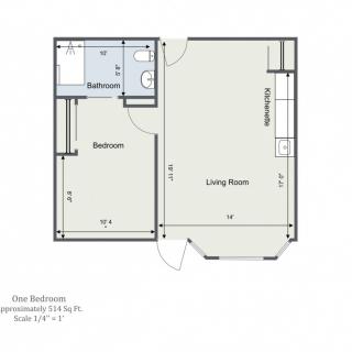 One-bedroom apartment floor plan with living room and bathroom.