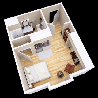 A 3D floor plan of a one-bedroom apartment showcasing the bedroom, living area, kitchen, and bathroom.