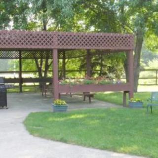 A wooden pergola in a garden setting with patio furniture beneath it.