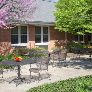 An outdoor patio with tables and chairs surrounded by vibrant trees and a brick building in the background.
