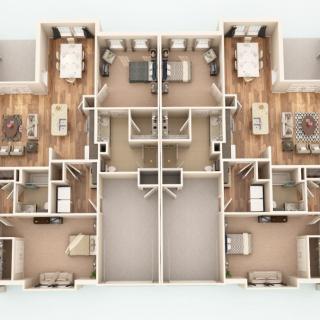 A detailed floor plan of a residential apartment with multiple rooms and shared spaces.