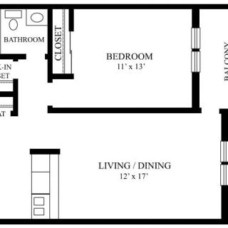 A floor plan of a one-bedroom apartment featuring a bedroom, living/dining area, kitchen, bathroom, and balcony.