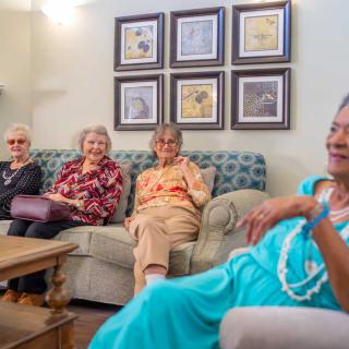 A group of seniors sitting together in a living room, engaging in conversation.
