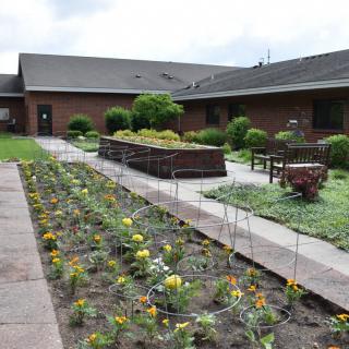 A well-maintained garden with flowers and vegetables alongside a pathway next to a building.