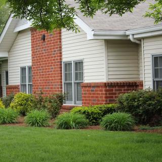 A suburban house with a well-maintained lawn and garden.