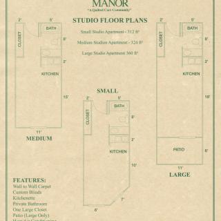 Floor plan designs for small, medium, and large studio spaces.