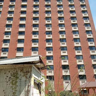 A view of a tall brick building with numerous windows, set against a clear blue sky.