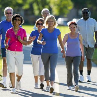 A group of seniors enjoying a walk together outdoors.