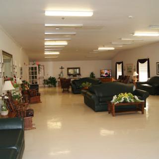 A spacious and well-lit living area featuring comfortable seating arrangements and decorative plants.