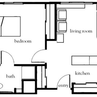 An architectural floor plan of an apartment featuring a bedroom, living room, kitchen, and bathroom.