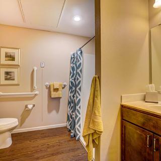 A well-lit bathroom with a shower curtain, toilet, and wooden flooring.