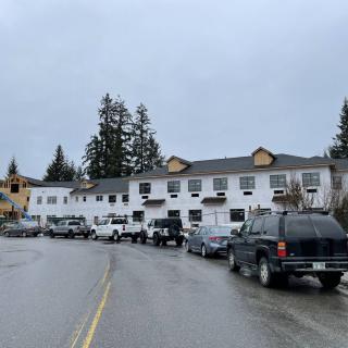 A row of parked cars in front of a white building on an overcast day.