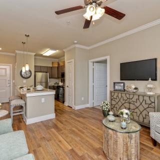 A modern open-plan living room and kitchen area with wood flooring and stylish decor.