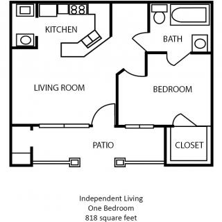 A floor plan of an independent living one-bedroom apartment, featuring a kitchen, living room, bathroom, closet, and patio.