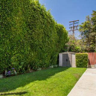 A well-maintained garden with a tall hedge, green lawn, and a small shed under a clear blue sky.