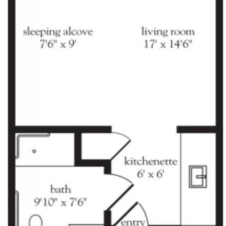 A detailed floor plan of a studio apartment, showcasing the layout with a living room, sleeping alcove, kitchenette, bath, and entryway.