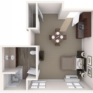 A 3D floor plan of a studio apartment featuring an open layout with a bedroom, kitchenette, dining area, and a separate bathroom.