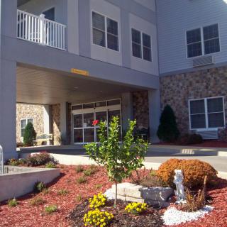 A landscaped entrance of a modern building with stone accents and well-maintained plants.