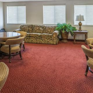 A cozy living room with a floral sofa, round wooden table, upholstered chairs, and a red carpet.