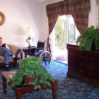 A cozy living room with a wheelchair, plants, and elegant furnishings near a sliding glass door.