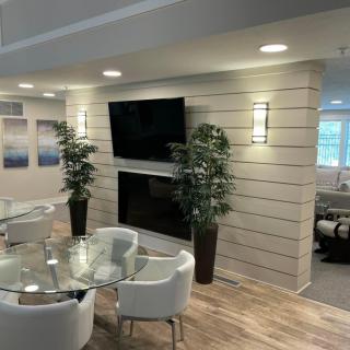 A modern living room featuring a glass table with white chairs, a television mounted on a shiplap wall, and decorative plants.