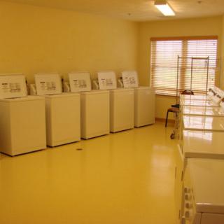 A spacious laundry room with multiple washing machines lined up against the wall.