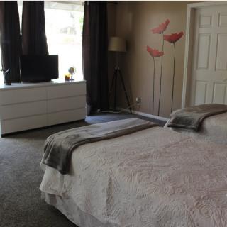 A modern bedroom with twin beds, a dresser, and a wall-mounted TV.