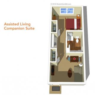 A 3D floor plan of an Assisted Living Companion Suite, showing the layout of furniture and room divisions.