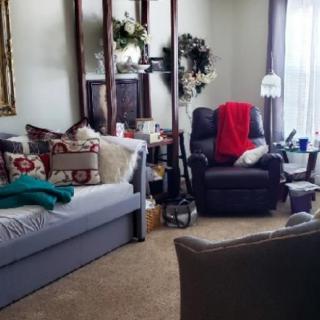 A cozy living room with a sofa, an armchair, and decorative items.
