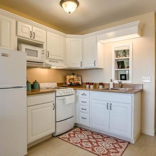A cozy kitchen with white cabinets, modern appliances, and a decorative rug.