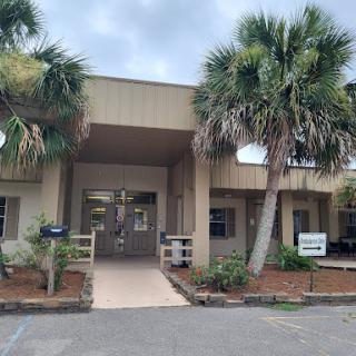 A welcoming entrance to a building, framed by palm trees and a cloudy sky.